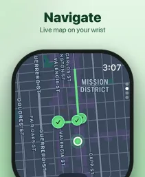Apple Watch walking app showing a live walking route map with checked-off stops